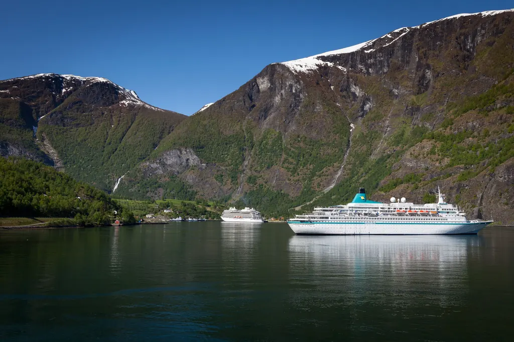 Kreuzfahrtschiff im Aurlandsfjord vor Flåm