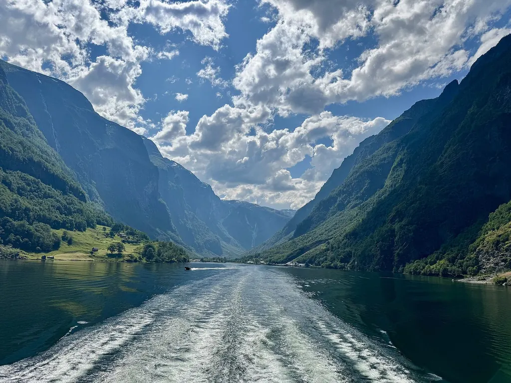 Kielwasser eines Schiffes im schmalen Nærøyfjord zwischen steilen, bewaldeten Bergflanken