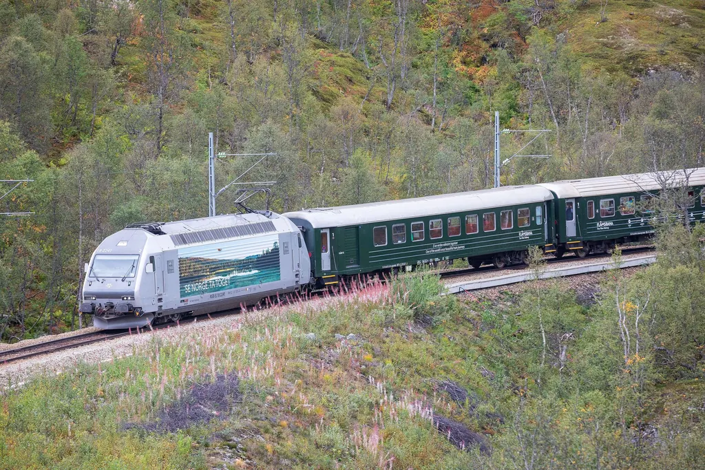 Silver locomotive and dark green carriages of the Flåm Railway on the mountainside above the Flåm valley
