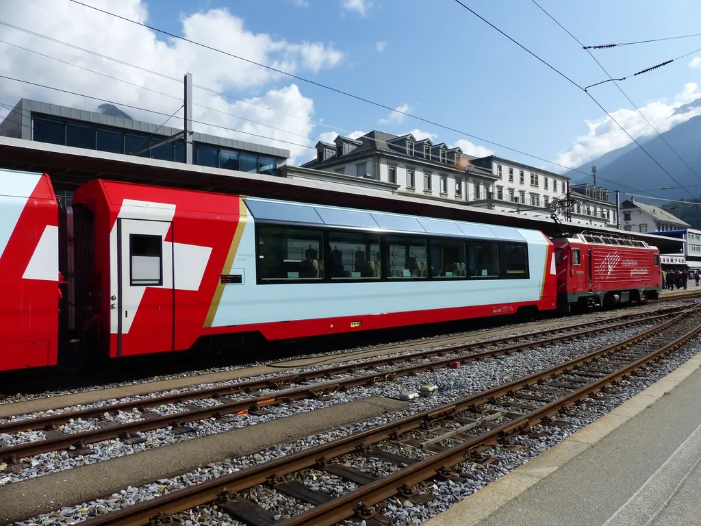 A red and white Glacier Express panoramic car with large windows curving up into the roof stands in Brig station