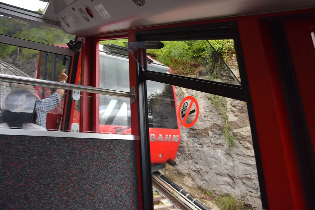 View from the Harder funicular car of the oncoming red car at the passing loop in the forest