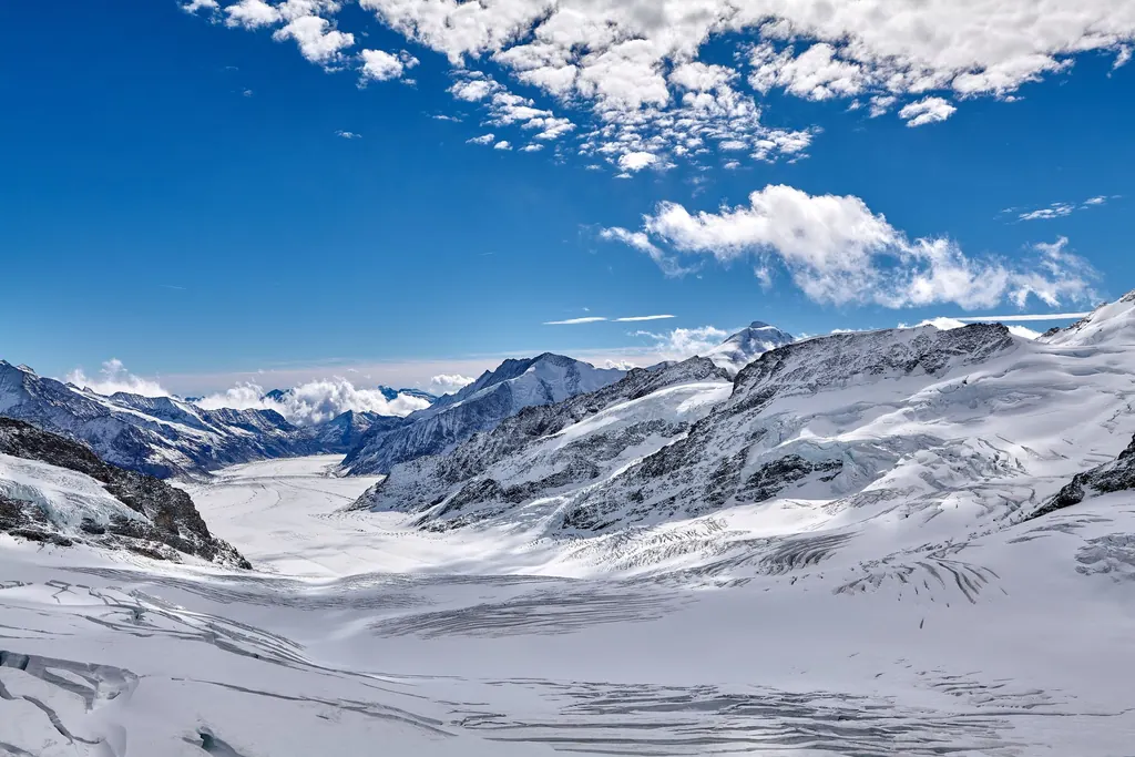 Blick von der Sphinx-Terrasse über den Jungfraufirn auf den Aletschgletscher bei klarer Sicht, am Rand das Geländer der Plattform