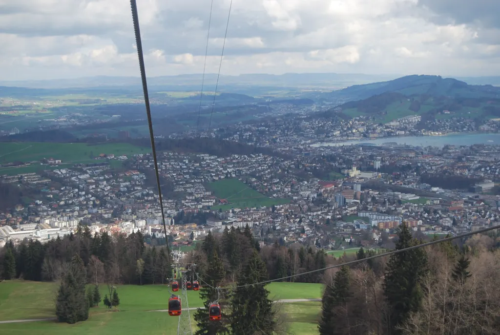 View from the gondola down over Kriens and Lucerne with Lake Lucerne