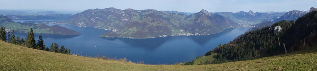 View from Rigi down over Lake Lucerne with Weggis and Vitznau, the mountains of central Switzerland behind